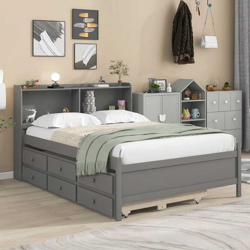 Full Bed with BookcaseTwin TrundleDrawersGrey