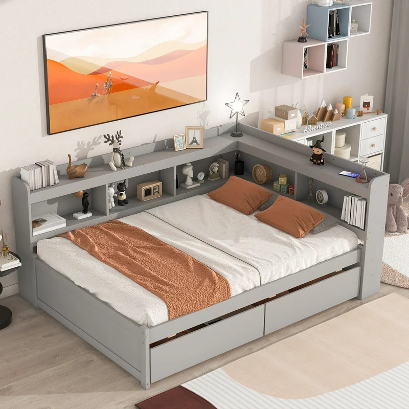 Full Bed with L-shaped Bookcases Drawers Grey