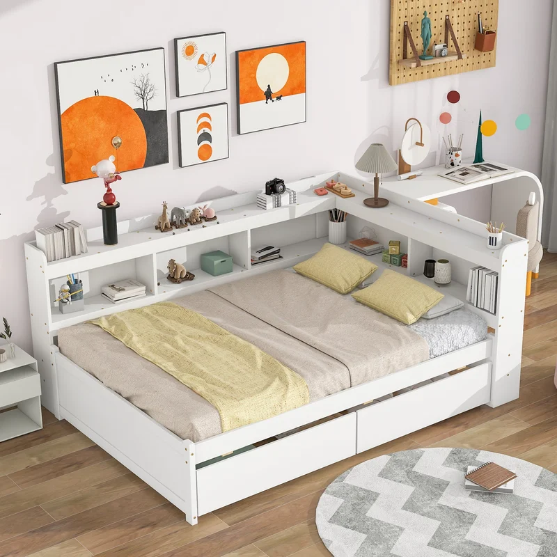 Full Bed with L-shaped Bookcases Drawers White