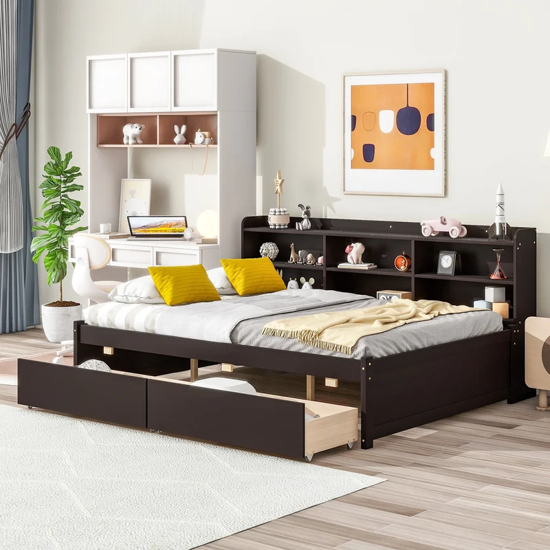 Full Bed with Side Bookcase DrawersEspresso