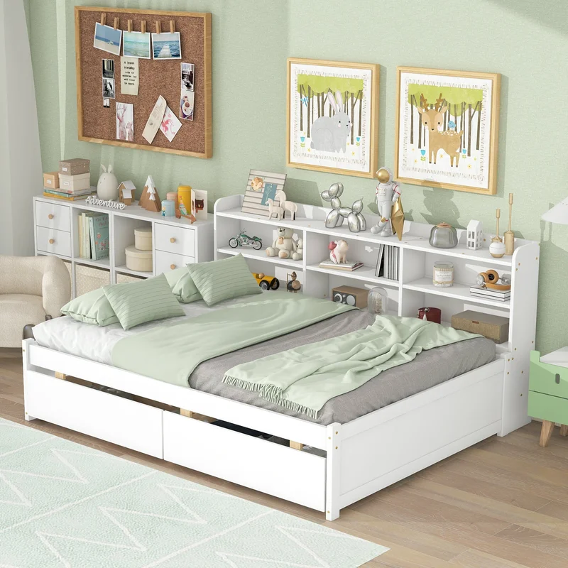 Full Bed with Side Bookcase DrawersWhite