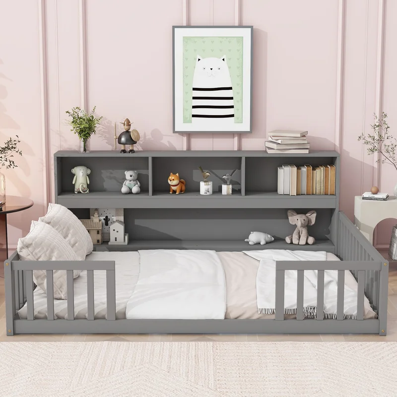 Full Floor Bed with Side BookcaseShelvesGuardrailsGrey
