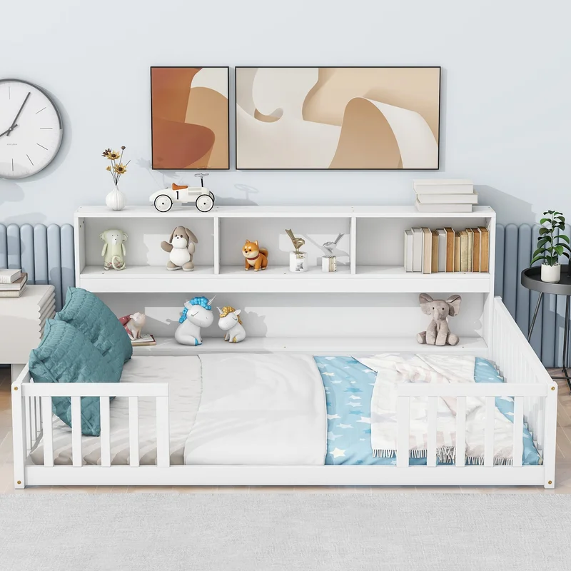 Full Floor Bed with Side BookcaseShelvesGuardrailsWhite