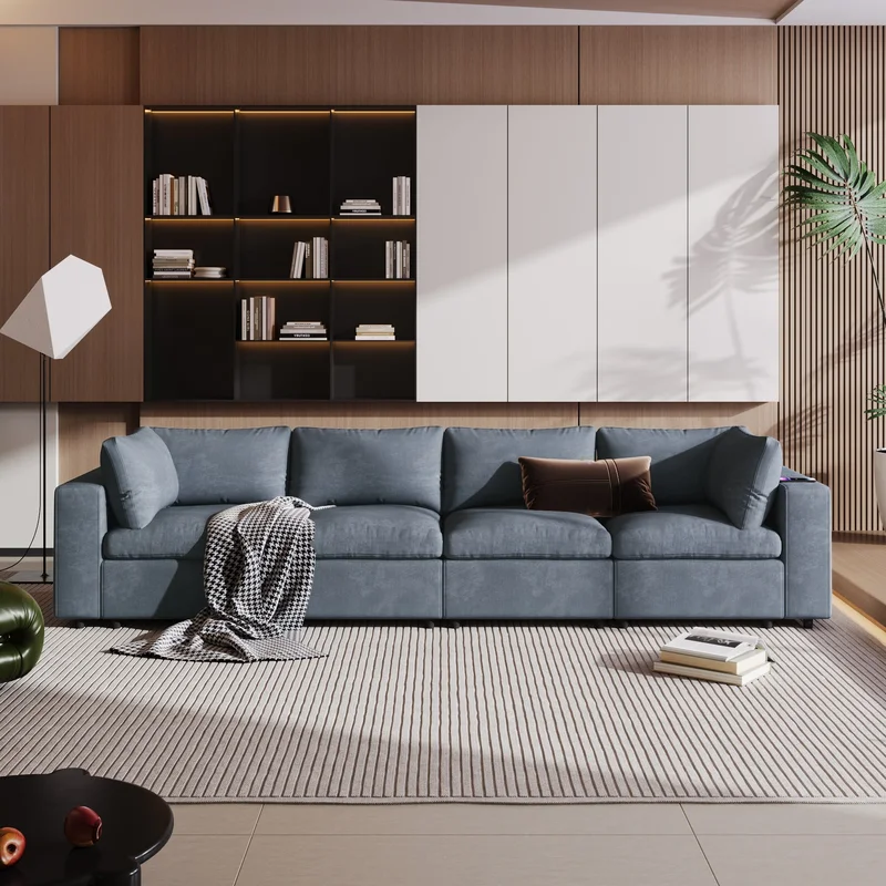U-style Upholstered Modular Sofa with USB Charge PortsWireless Charging and Built-in Bluetooth Speaker in ArmSectional sofa for Living Room Apartment(4-Seater)