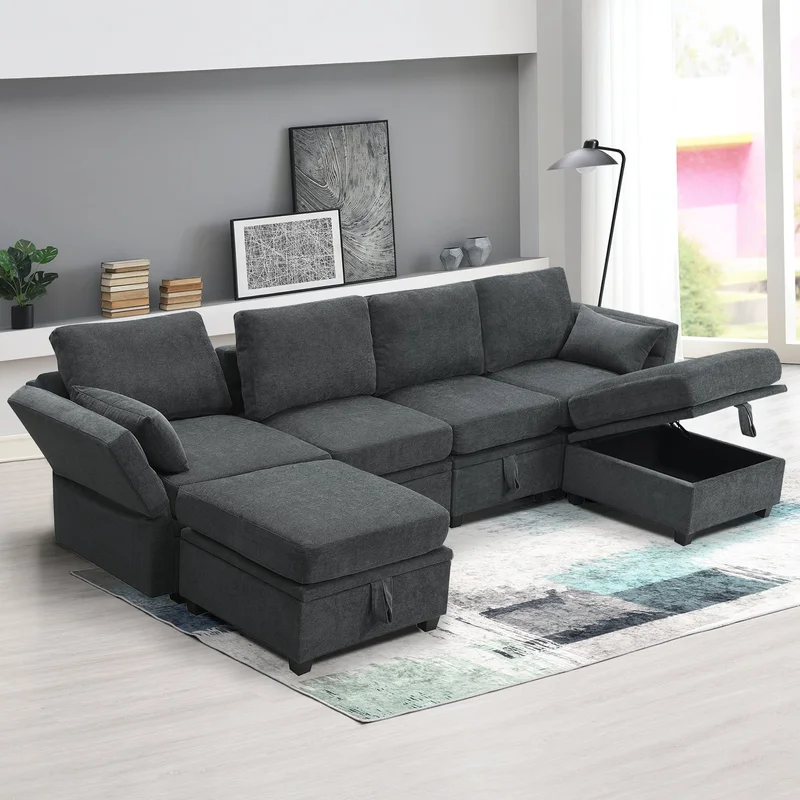 [VIDEO provided] [New] 109*54.7" Chenille Modular Sectional SofaU Shaped Couch with Adjustable Armrests and Backrests6 Seat Reversible Sofa Bed with Storage Seats for Living Room Apartment2 Colors