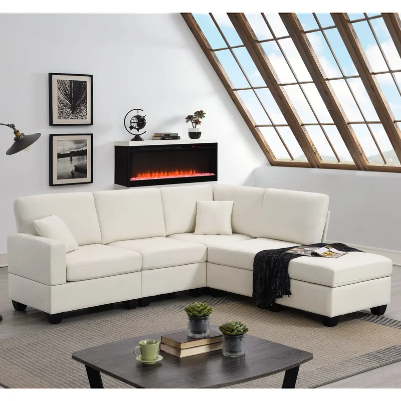 [VIDEO provided][New]89.8*60.2" Modern Sectional Sofa5-Seat Modular Couch Set with Convertible OttomanL-Shape Linen Fabric Corner Couch Set with 2 Pillows for Living RoomApartmentOffice 3 Colors