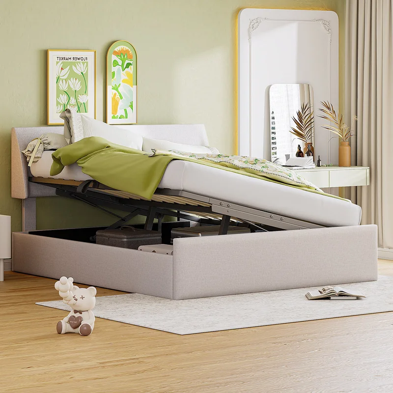 Full Size Sleigh Bed with Side-Tilt Hydraulic Storage System Linen Upholstery Beige