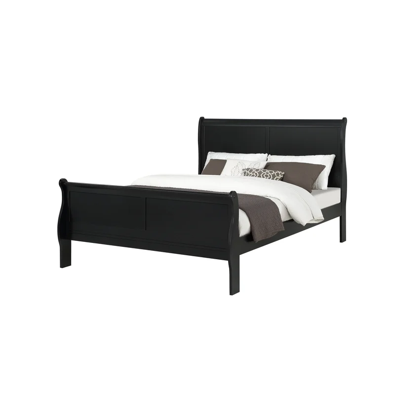 Louis Phillipe Black Finish Queen Size Panel Sleigh Bed Solid Wood Wooden Bedroom Furniture