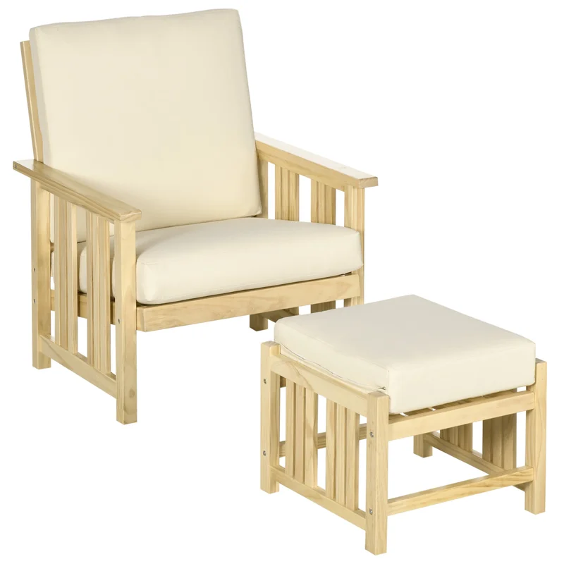 Patio Furniture Set Wood Outdoor Patio Chair with Ottoman 2 Piece Cushioned Outdoor Lounge Chair Sofa Chair with Footrest Beige